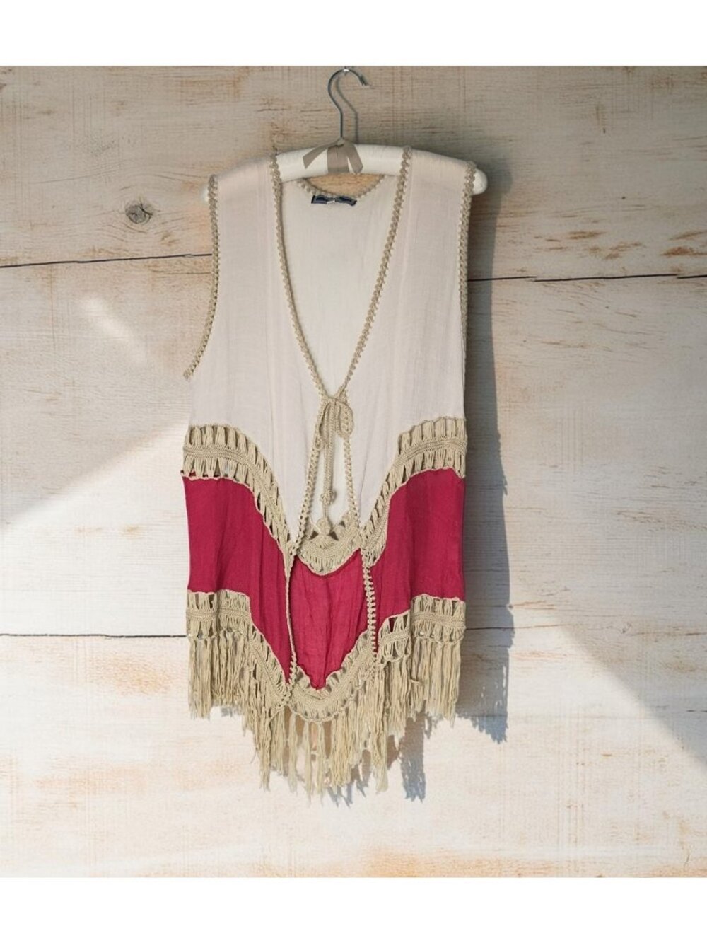 Highness Open Crotchet Fringe Front Tie Duster Vest One Size Plus Festival Boho